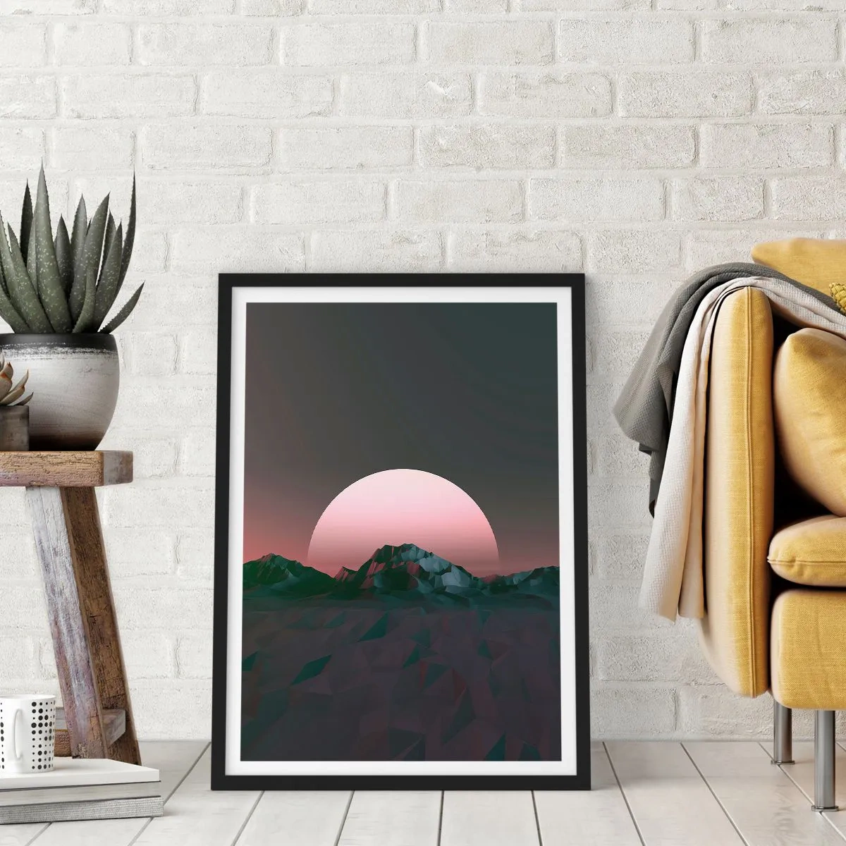 Poster în ramă neagră - Peisaj fantastic cu o lună roz și munți - 50x70cm - Într-o galaxie învecinată - Decorațiune modernă pentru perete pentru living și dormitor ARTTOR