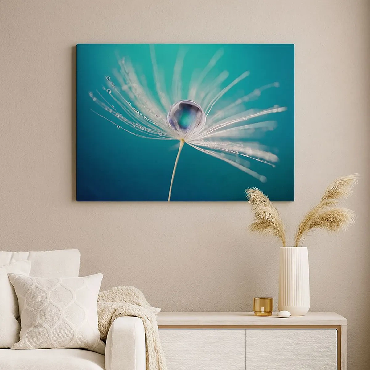 Tablou pe pânză Canvas - Macro a unei picături de apă pe o sămânță delicată de păpădie - 70x50cm - Moment mistic - Decorațiune modernă pentru perete pentru living și dormitor ARTTOR