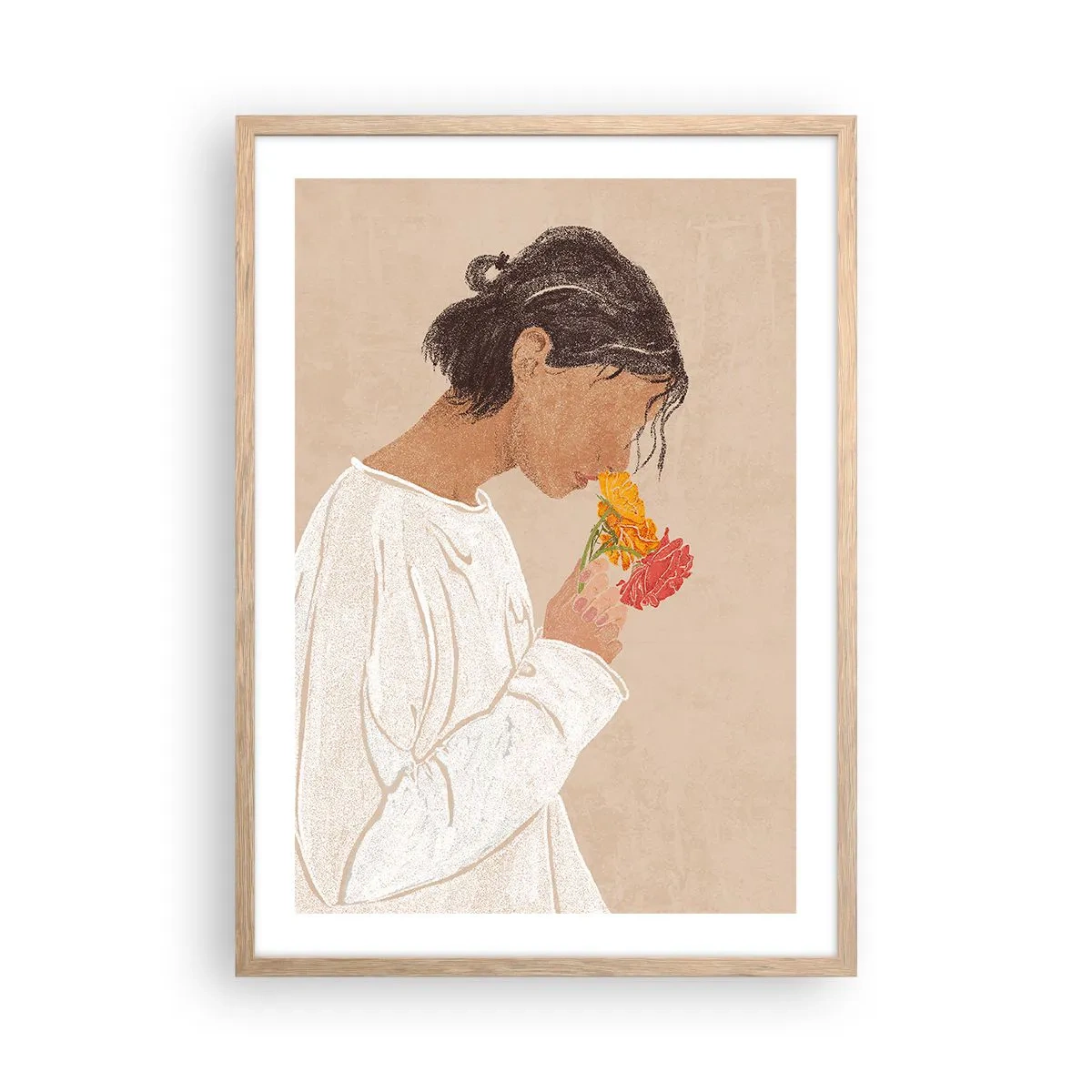 Poster în ramă de stejar deschis - Fată și floare - 50x70 cm