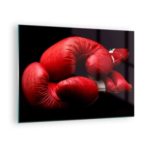 Tablou pe sticlă - Mănuși de box roșii pe fundal negru - 70x50cm - Emoția bătăliei a trecut - Decorațiune modernă pentru perete pentru living și dormitor ARTTOR