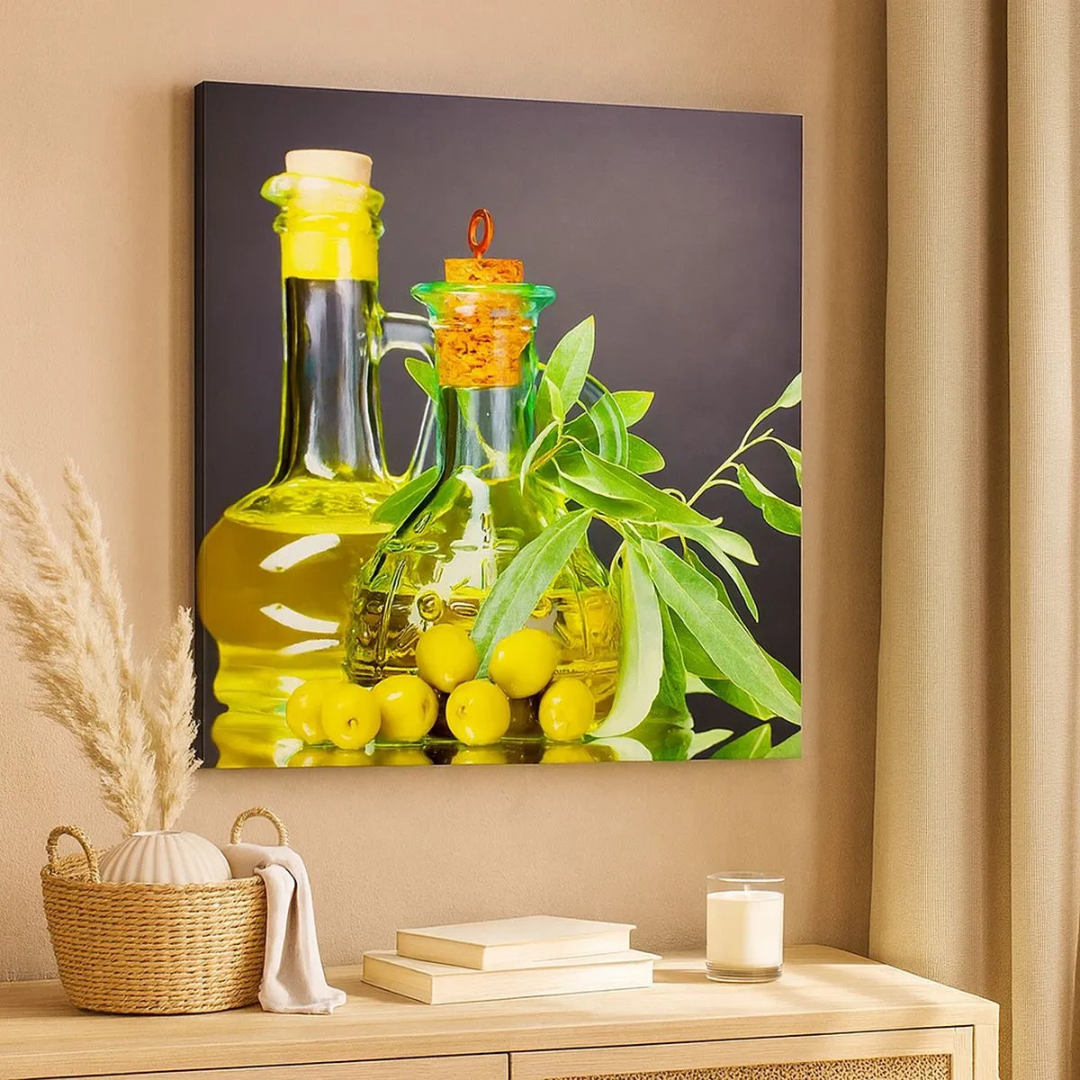 Tablou pe pânză - Natură moarte cu măsline și ulei - 30x30 cm