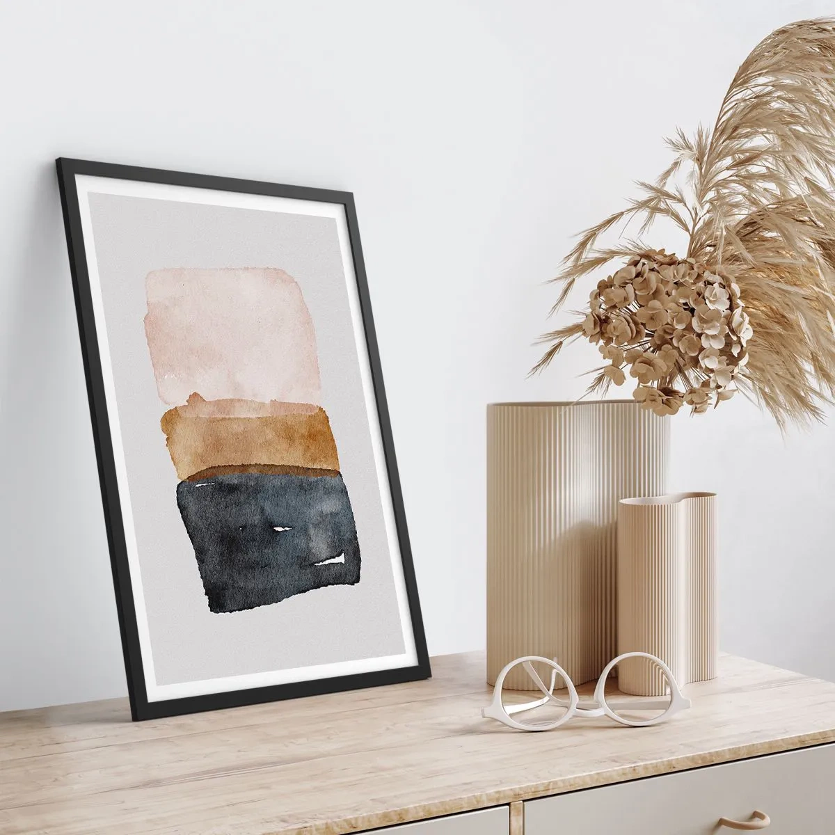 Poster în ramă neagră - Acuarelă abstractă în tonuri pământii - 50x70cm - Compoziția culorilor pământului - Decorațiune modernă pentru perete pentru living și dormitor ARTTOR