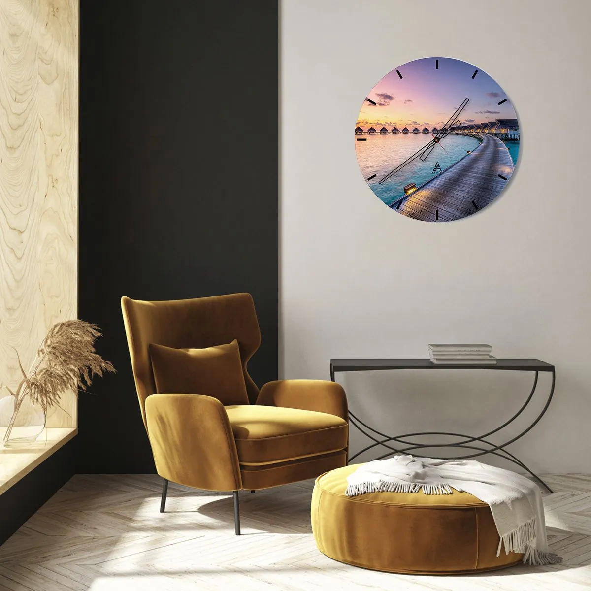 Ceas de perete - Ceas pe sticlă - O potecă de-a lungul plajei cu bungalouri pe fundalul apusului de soare - 30x30cm - Vacanță - înapoi la sursă - Decorațiune modernă pentru perete pentru living, bucătărie și dormitor ARTTOR