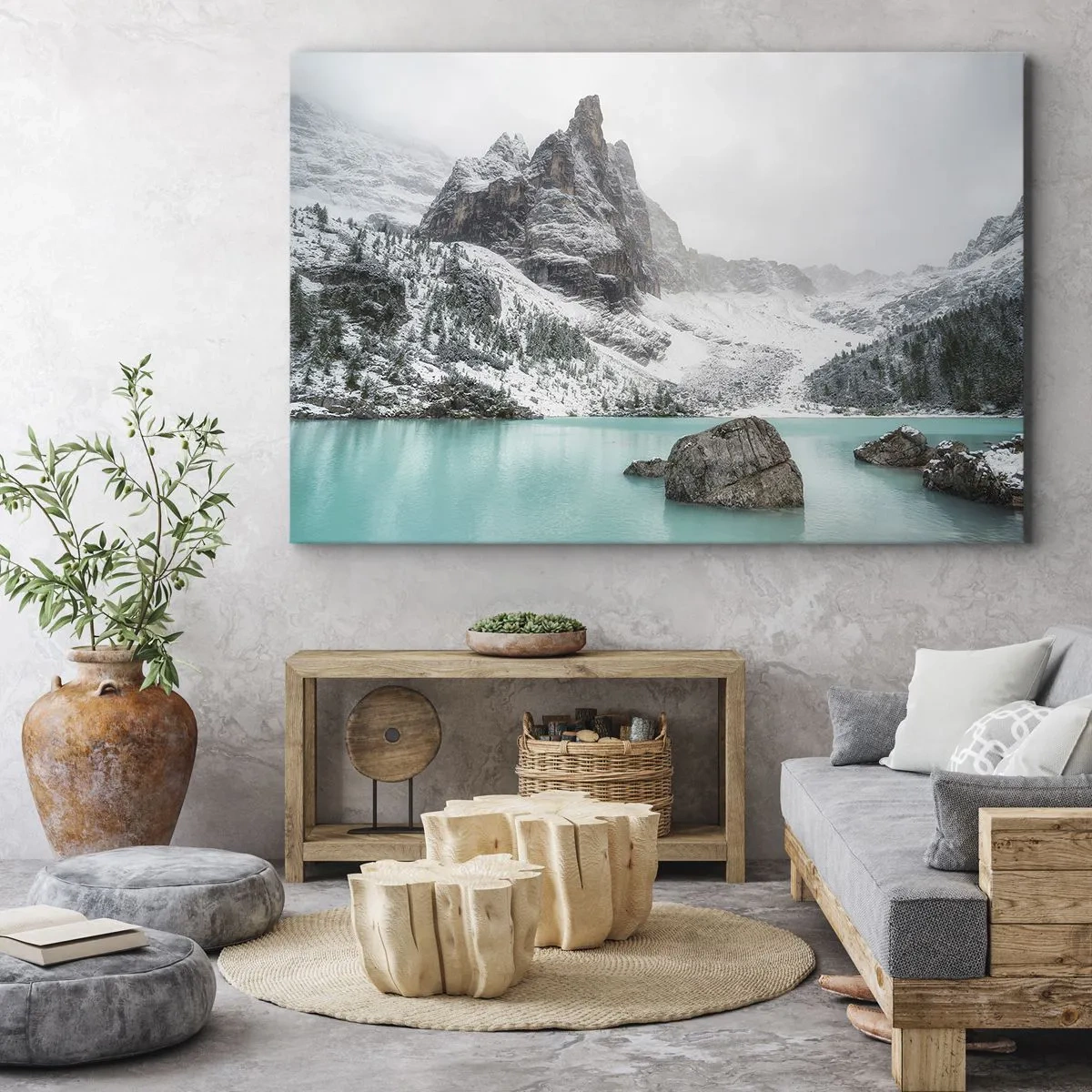 Tablou pe pânză Canvas - Un peisaj montan cu un lac înconjurat de vârfuri înzăpezite - 70x50cm - De veghe - Decorațiune modernă pentru perete pentru living și dormitor ARTTOR
