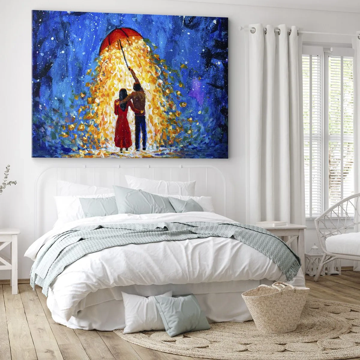 Tablou pe pânză Canvas - Un cuplu sub o umbrelă roșie în ploaia luminoasă - 70x50cm - Magia unei seri ploioase? - Decorațiune modernă pentru perete pentru living și dormitor ARTTOR
