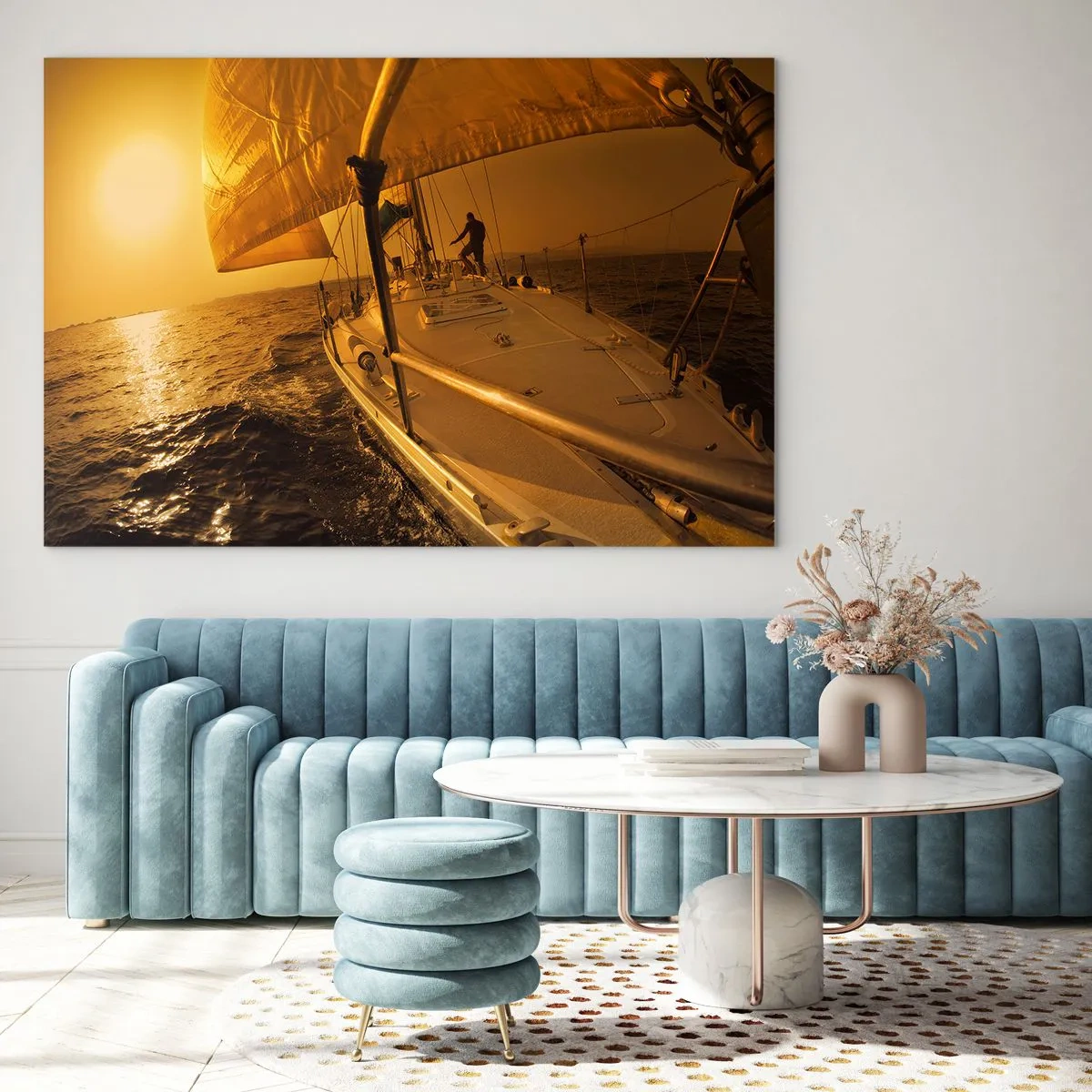 Tablou pe sticlă - O barcă cu pânze pe fundalul soarelui care apune - 70x50cm - O seară aurie după o zi multicoloră - Decorațiune modernă pentru perete pentru living și dormitor ARTTOR