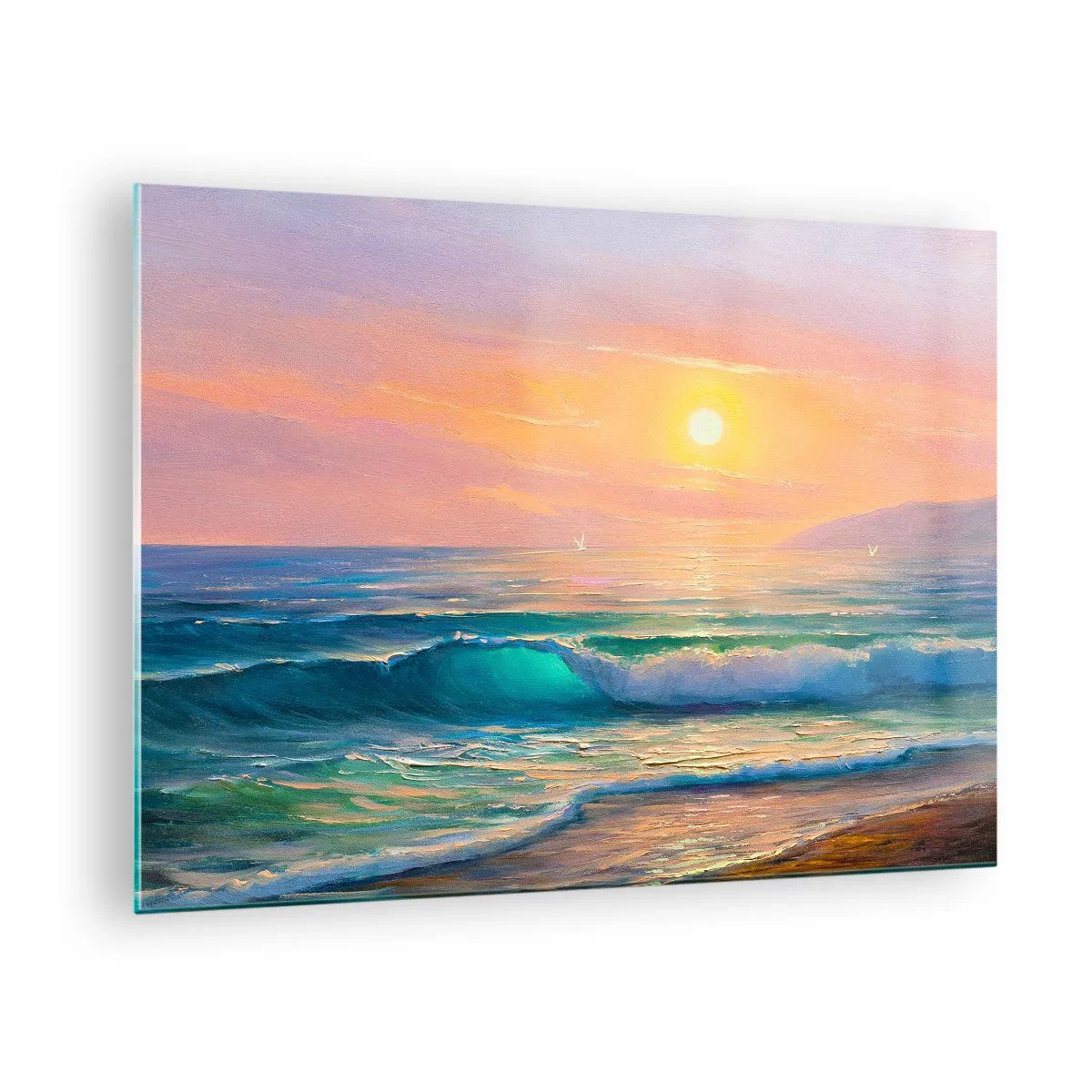 Tablou pe sticlă - Peisaj marin cu valuri și un apus de soare în nuanțe turcoaz - 70x50cm - Cântecul turcoaz al valurilor - Decorațiune modernă pentru perete pentru living și dormitor ARTTOR