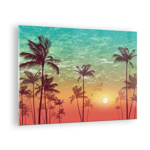 Tablou pe sticlă - Ilustrație cu palmieri la apus - 70x50cm - Climate tropicale - Decorațiune modernă pentru perete pentru living și dormitor ARTTOR