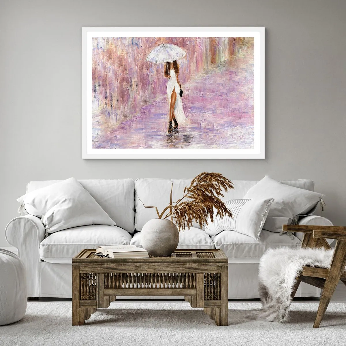 Poster în ramă albă - În ploaia de liliac - 30x30 cm