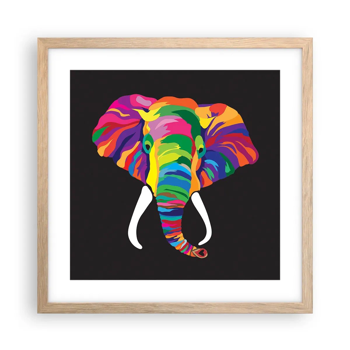 Poster în ramă de stejar deschis - Elefantul căruia îi plăcea să se scalde în curcubeu - 40x40 cm