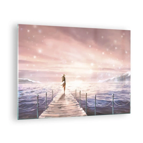 Tablou pe sticlă - Femeie pe dig la apus - 70x50cm - În lumina unui vis - Decorațiune modernă pentru perete pentru living și dormitor ARTTOR