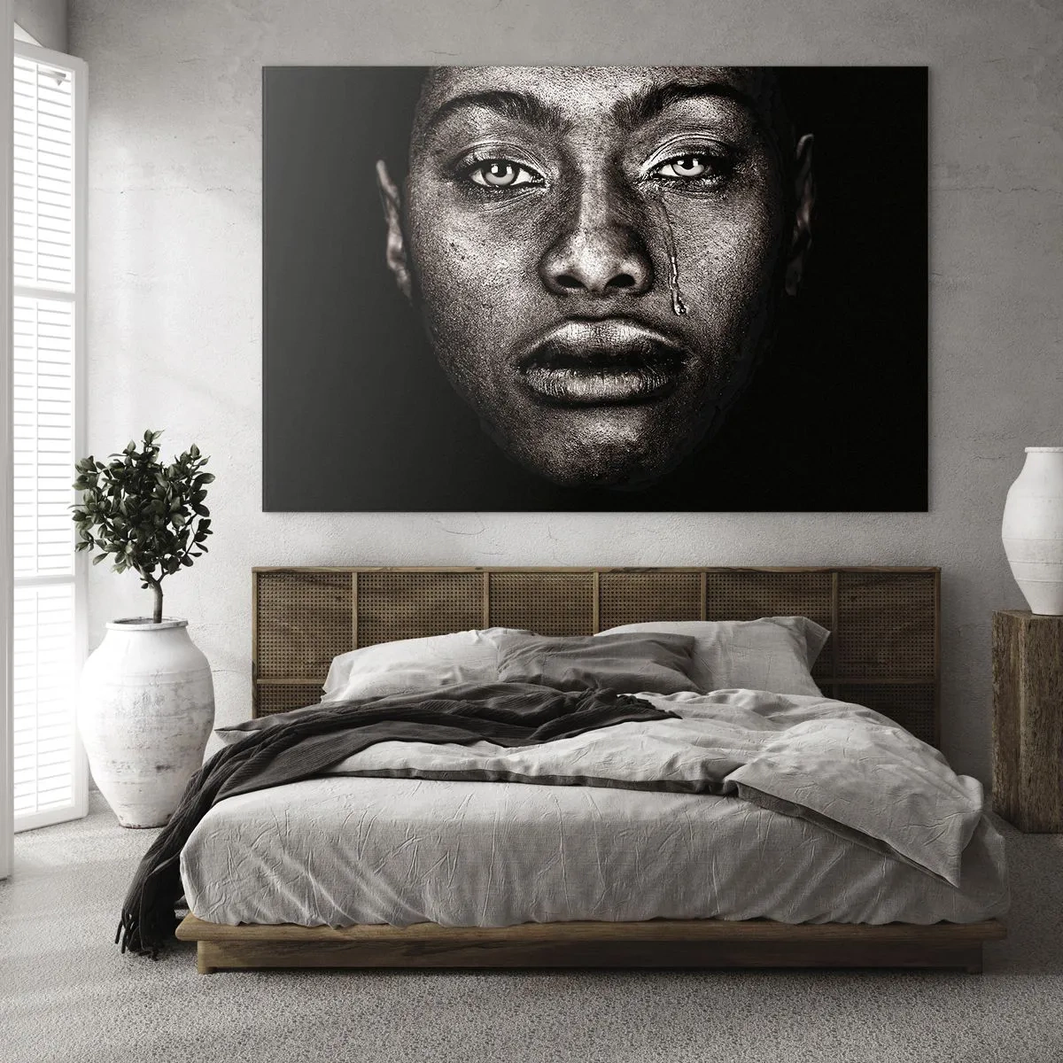 Tablou pe sticlă - Portret emoționant al unei femei cu o lacrimă pe obraz - 70x50cm - O singură lacrimă - Decorațiune modernă pentru perete pentru living și dormitor ARTTOR