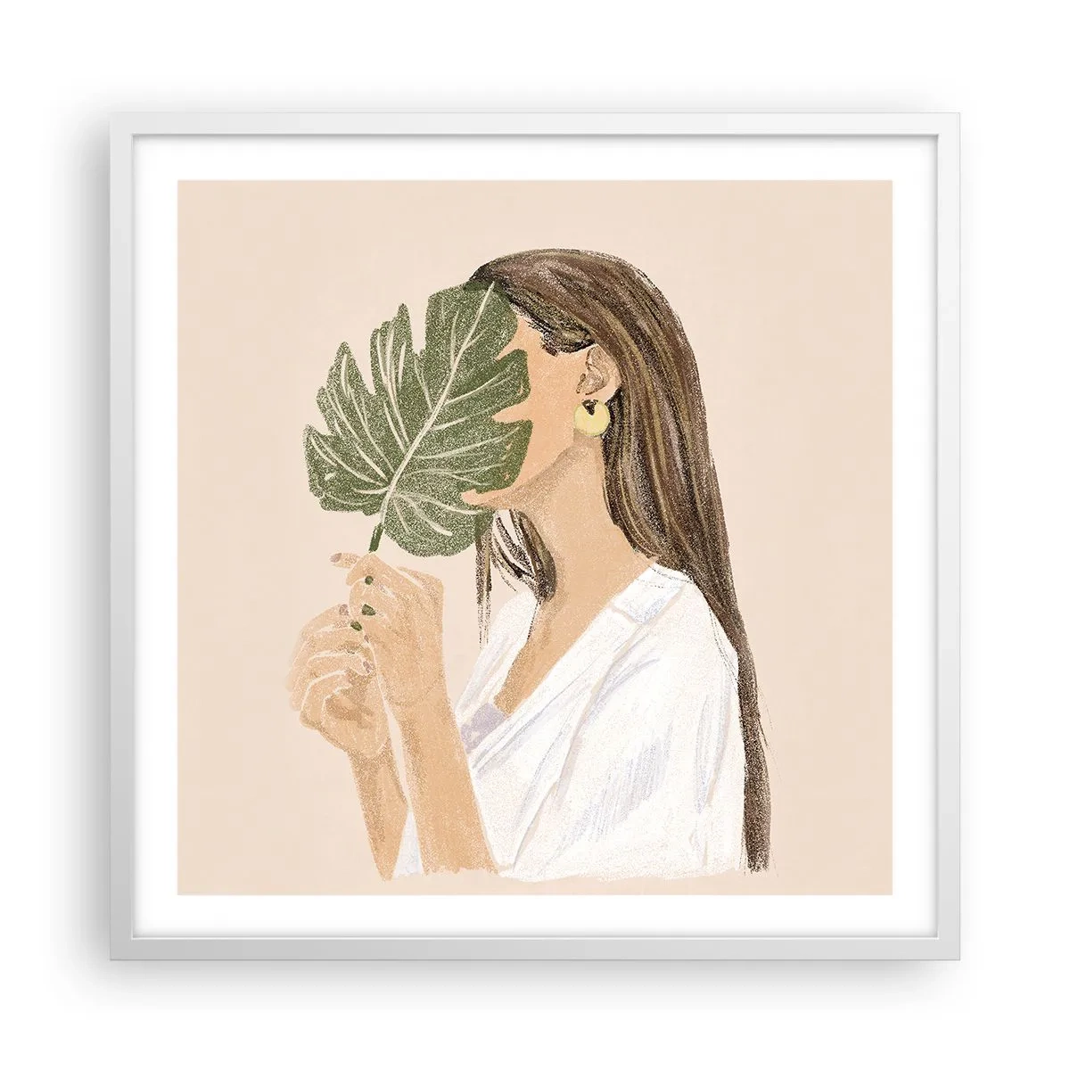 Poster în ramă albă - Portret misterios cu un evantai - 60x60 cm