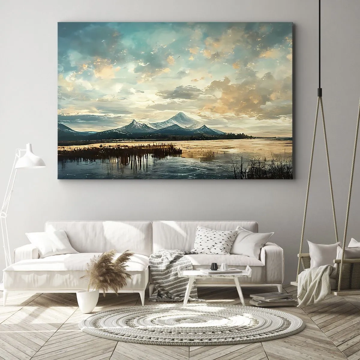 Tablou pe pânză Canvas - Un peisaj pitoresc cu un munte și un lac liniștit - 70x50cm - Sub protecția cerului - Decorațiune modernă pentru perete pentru living și dormitor ARTTOR