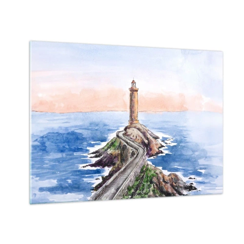 Tablou pe sticlă - Un far pe un promontoriu stâncos înconjurat de o mare calmă - 70x50cm - Cu fața la mare - Decorațiune modernă pentru perete pentru living și dormitor ARTTOR
