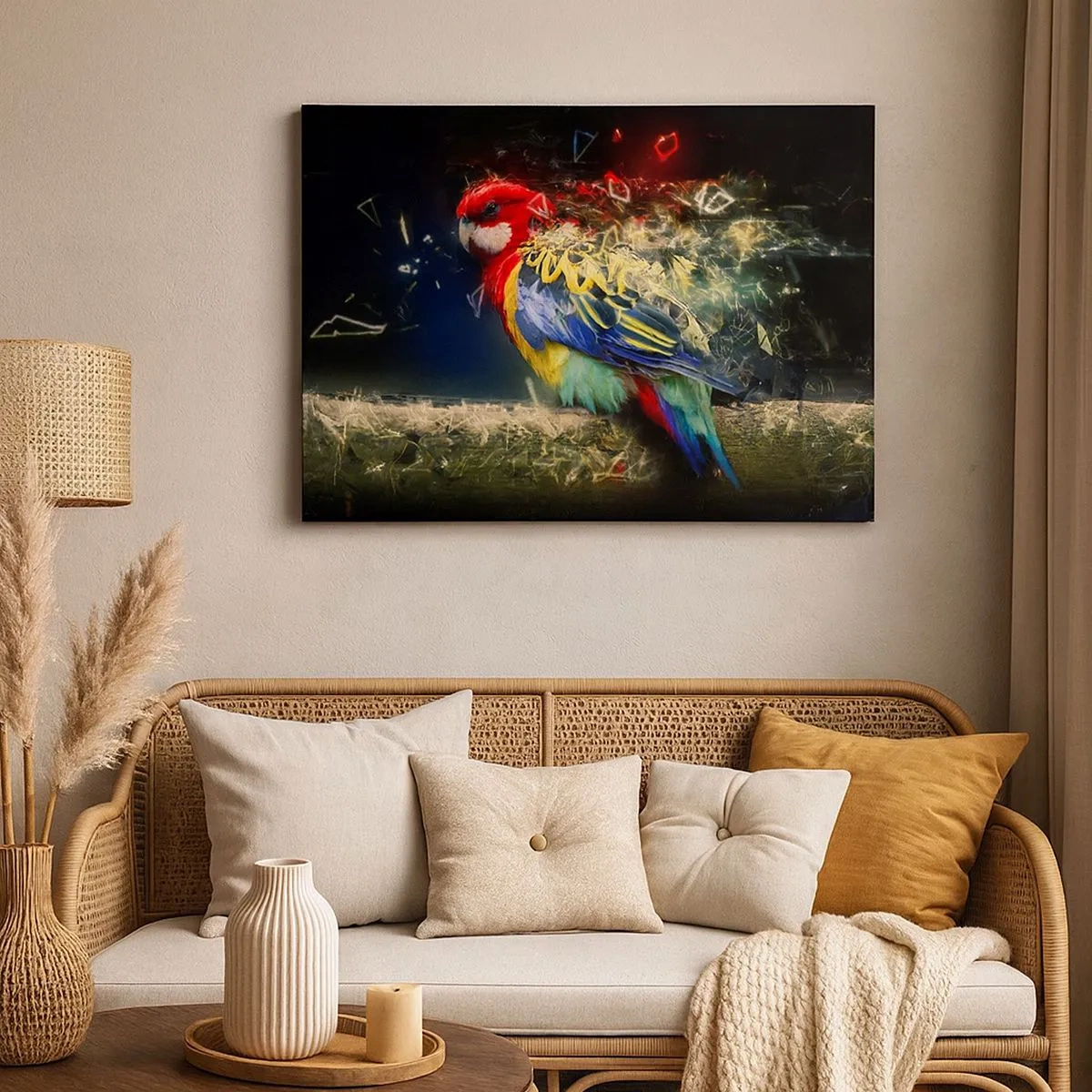 Tablou pe pânză Canvas - Un papagal în culori vii pe un fundal de efecte de lumină - 70x50cm - Mesagerul strălucirii - Decorațiune modernă pentru perete pentru living și dormitor ARTTOR