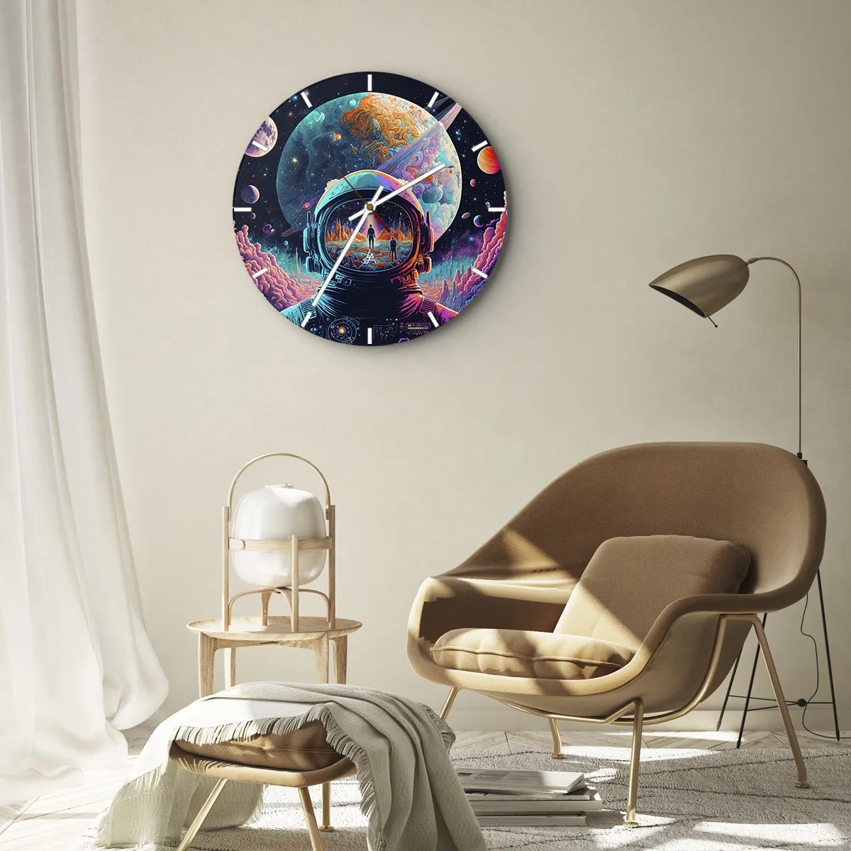 Ceas de perete - Ceas pe sticlă - Astronaut în spațiu colorat cu reflecție a planetei - 30x30cm - Visul nevisat al filozofiilor - Decorațiune modernă pentru perete pentru living, bucătărie și dormitor ARTTOR
