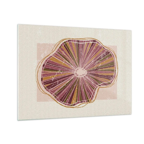 Tablou pe sticlă - O formă organică radiantă în nuanțe de roz și maro - 70x50cm - Abstracția radială - Decorațiune modernă pentru perete pentru living și dormitor ARTTOR