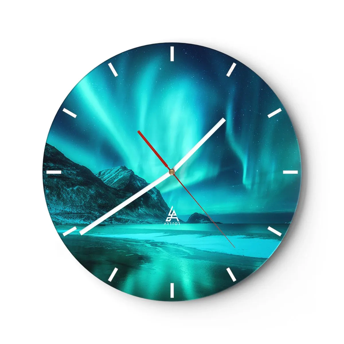 Ceas de perete - Ceas pe sticlă - Aurora boreală deasupra coastei muntoase noaptea - 30x30cm - Minunile din nord - Decorațiune modernă pentru perete pentru living, bucătărie și dormitor ARTTOR