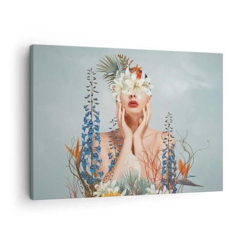 Tablou pe pânză Canvas - Portret de femeie cu motiv floral pe fundal albastru - 70x50cm - Femeia floare - Decorațiune modernă pentru perete pentru living și dormitor ARTTOR
