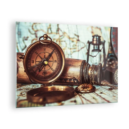 Tablou pe sticlă - O busolă și o hartă antice pe fundalul aventurilor piraților - 70x50cm - Te așteaptă o aventură cu pirați în Caraibe - Decorațiune modernă pentru perete pentru living și dormitor ARTTOR