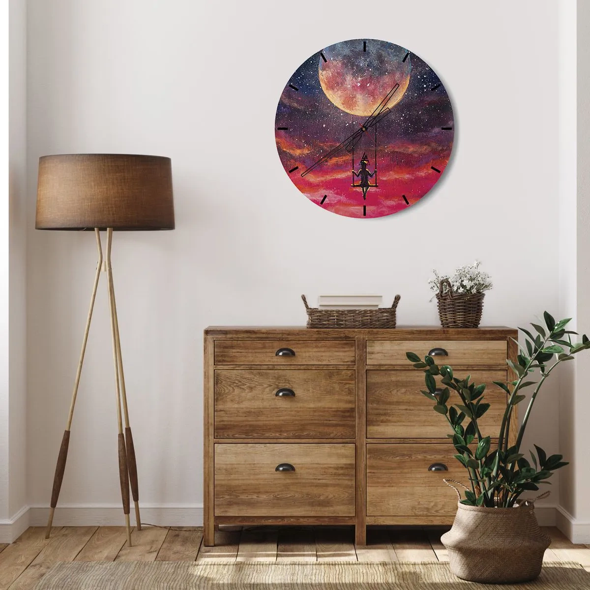 Ceas de perete - Ceas pe sticlă - O fată pe un leagăn suspendat sub lună - 30x30cm - Cu capul în nori - Decorațiune modernă pentru perete pentru living, bucătărie și dormitor ARTTOR