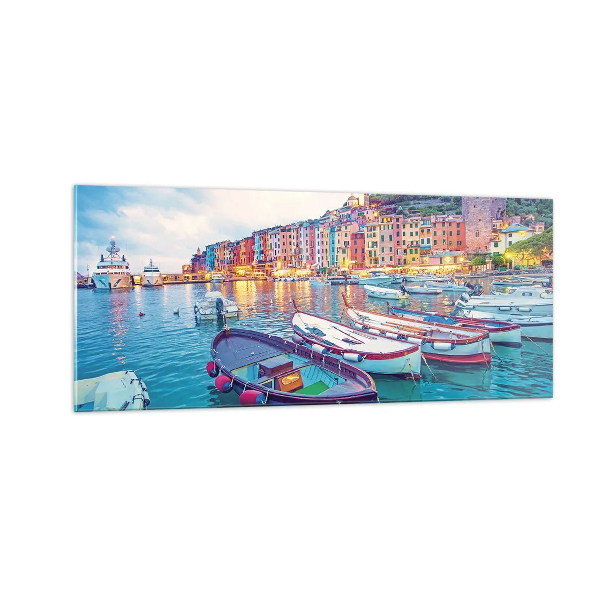 Tablou pe sticlă - O seară plină de culoare în port - 100x40 cm