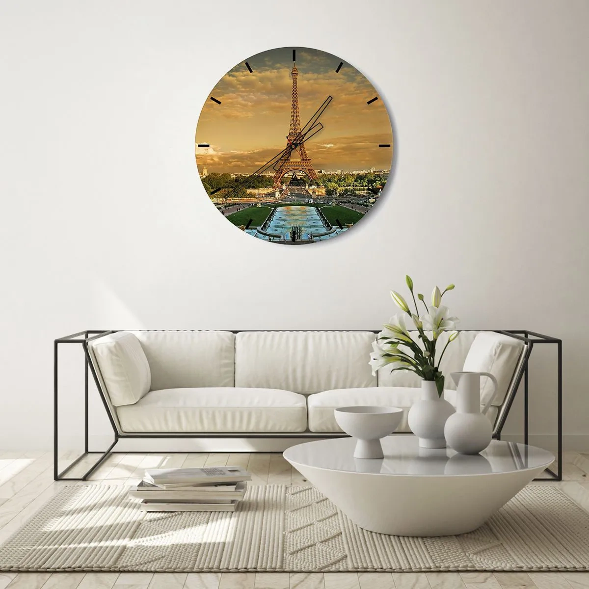Ceas de perete - Ceas pe sticlă - Vedere a Turnului Eiffel la apus - 30x30cm - Simbolul Parisului - Decorațiune modernă pentru perete pentru living, bucătărie și dormitor ARTTOR