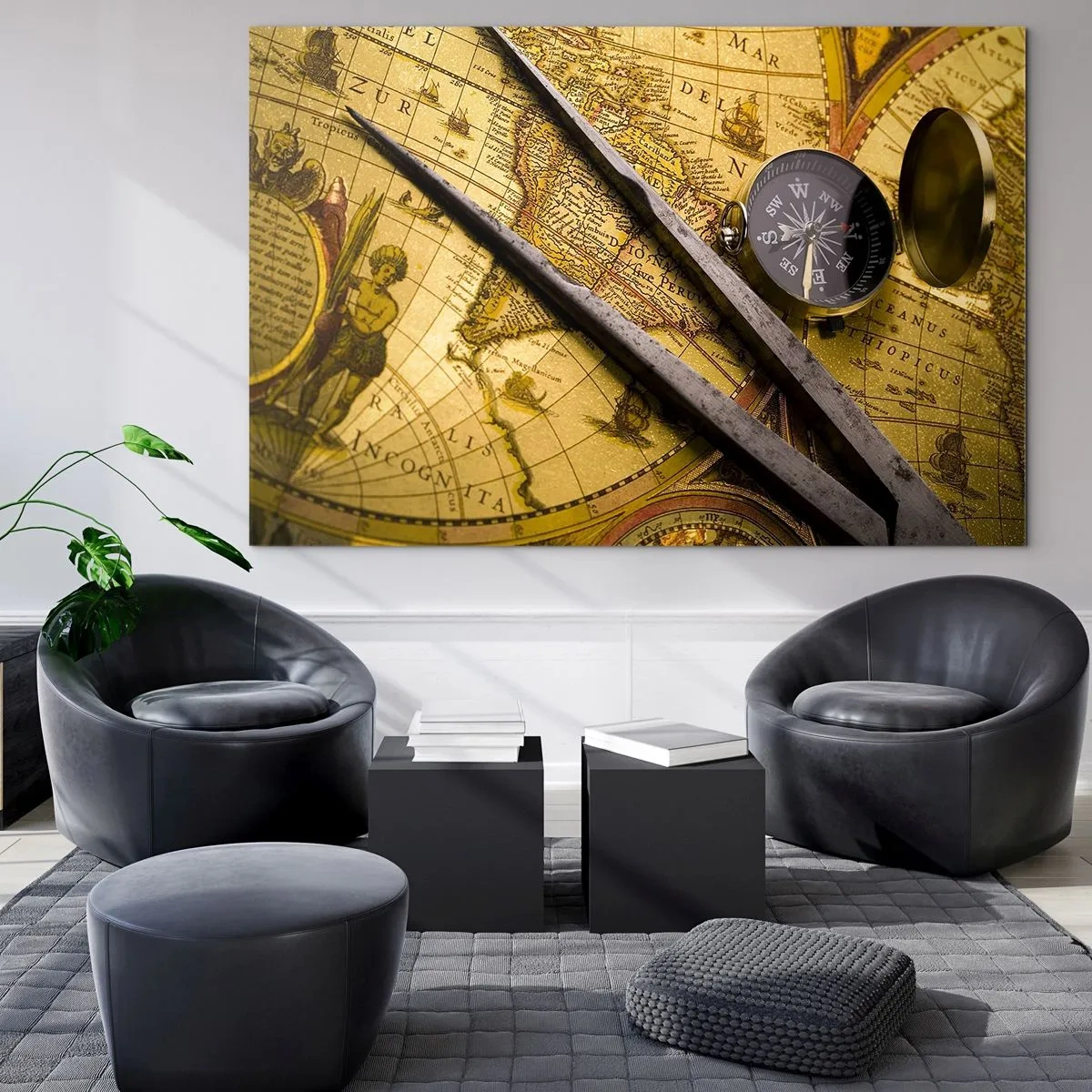 Tablou pe sticlă - Hartă veche cu busolă și busolă - 70x50cm - Unde sunt aceste comori? - Decorațiune modernă pentru perete pentru living și dormitor ARTTOR