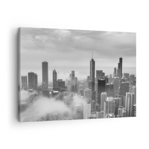 Tablou pe pânză Canvas - Panoramă a orașului cu zgârie-nori în nori, alb-negru - 70x50cm - Peisaj american - Decorațiune modernă pentru perete pentru living și dormitor ARTTOR