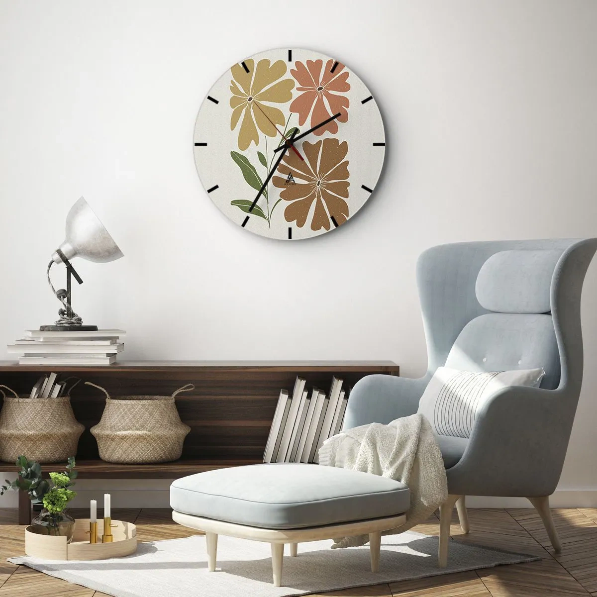 Ceas de perete - Ceas pe sticlă - O compoziție florală în nuanțe calde pe un fundal deschis - 30x30cm - Natură și geometrie - Decorațiune modernă pentru perete pentru living, bucătărie și dormitor ARTTOR