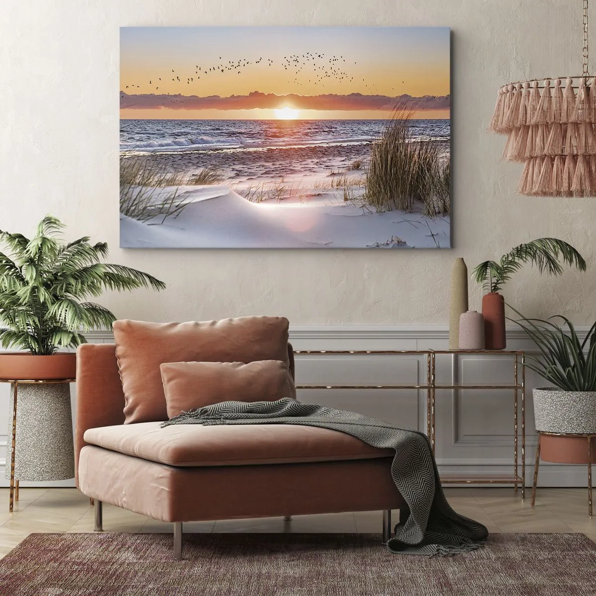 Tablou pe pânză Canvas - Apus de soare peste mare cu vedere la dunele de nisip - 70x50cm - Peisaj orizontal - Decorațiune modernă pentru perete pentru living și dormitor ARTTOR