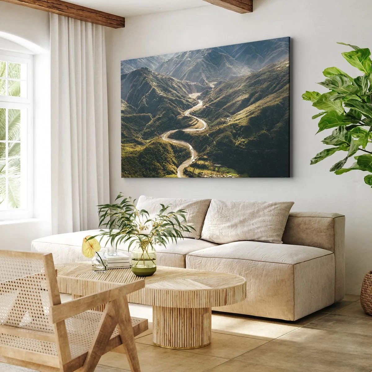 Tablou pe pânză Canvas - Un peisaj montan cu un drum șerpuitor printre dealuri verzi - 70x50cm - Direct din inima munților - Decorațiune modernă pentru perete pentru living și dormitor ARTTOR