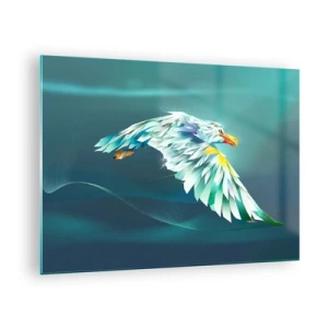 Tablou pe sticlă - O imagine abstractă a unui vultur în nuanțe de albastru și alb pe un fundal de valuri. - 70x50cm - Puterea vulturului în zbor - Decorațiune modernă pentru perete pentru living și dormitor ARTTOR
