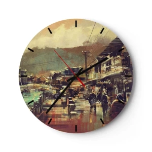 Ceas de perete - Ceas pe sticlă - O scenă picturală de stradă urbană, cu un pod și munți în fundal. - 30x30cm - Viața ca o bogăție de gri - Decorațiune modernă pentru perete pentru living, bucătărie și dormitor ARTTOR