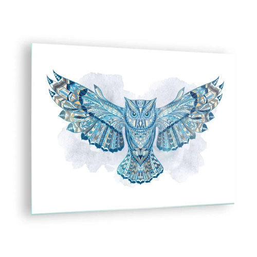 Tablou pe sticlă - Bufniță albastră cu aripi întinse în stil geometric - 70x50cm - Dintr-o pădurice sacră celtică - Decorațiune modernă pentru perete pentru living și dormitor ARTTOR