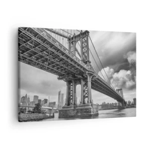 Tablou pe pânză Canvas - Un pod în alb și negru cu vedere asupra orașului - 70x50cm - Spre inima orașului - Decorațiune modernă pentru perete pentru living și dormitor ARTTOR