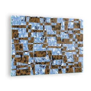 Tablou pe sticlă - Abstracție geometrică cu nuanțe de albastru și maro - 70x50cm - Decupaj aparte - Decorațiune modernă pentru perete pentru living și dormitor ARTTOR