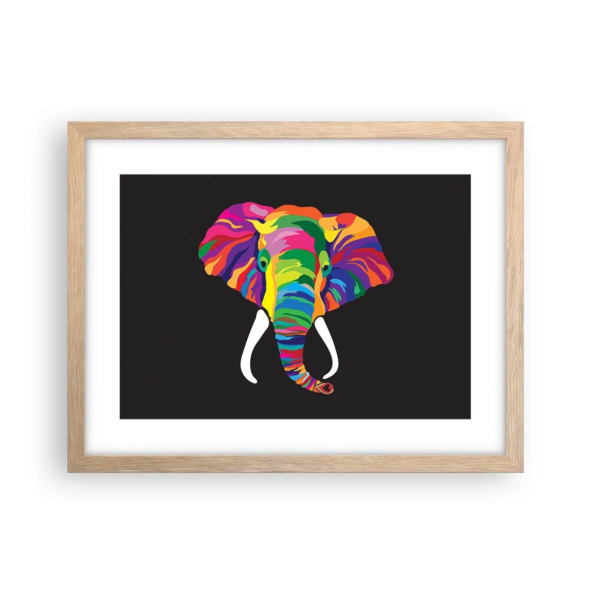 Poster în ramă de stejar deschis - Elefantul căruia îi plăcea să se scalde în curcubeu - 40x30 cm