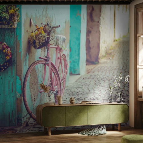 Tapet Premium Canvas - Mă întorc imediat - Bicicleta, Arhitectură, Flori - 250x175 cm