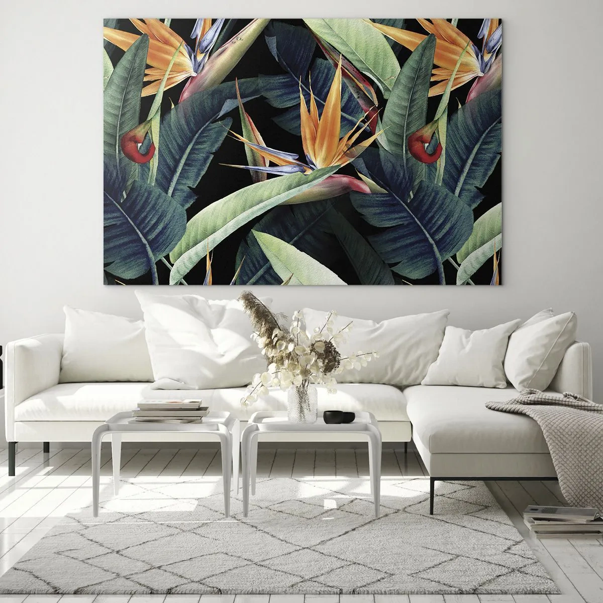 Tablou pe sticlă - Flori de Strelitzia și frunze tropicale pe fundal negru - 70x50cm - Florile de flacără ale tropicelor - Decorațiune modernă pentru perete pentru living și dormitor ARTTOR
