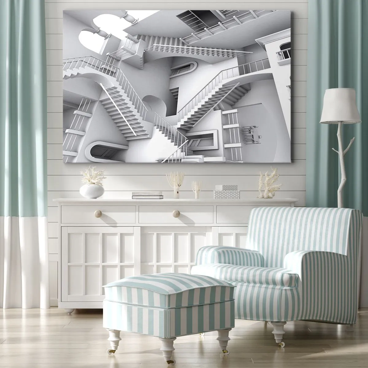 Tablou pe pânză Canvas - O compoziție abstractă de scări într-un aranjament spațial suprarealist - 70x50cm - Paradoxurile spațiului - Decorațiune modernă pentru perete pentru living și dormitor ARTTOR
