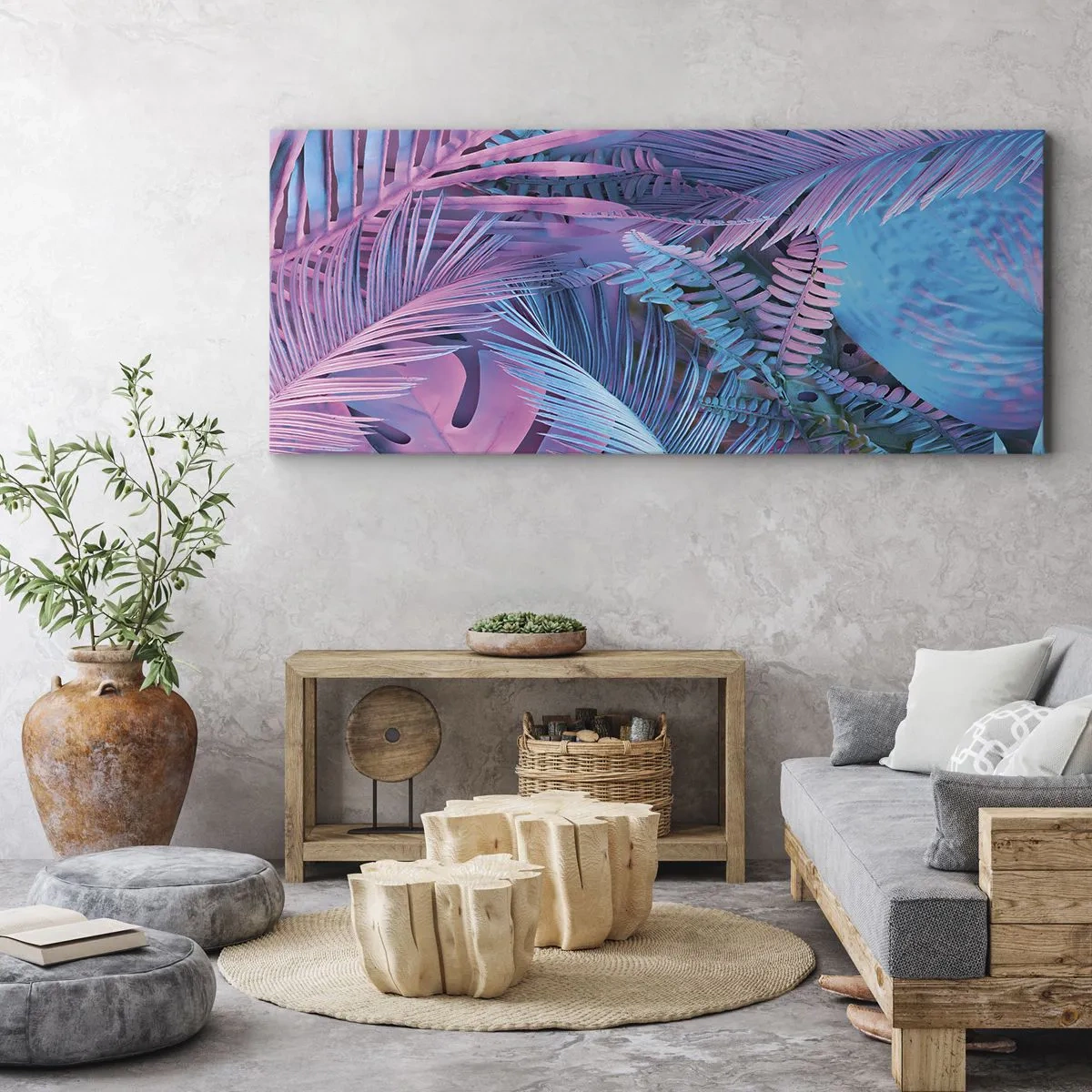 Tablou pe pânză - Palmieri în alb și albastru - 100x40 cm