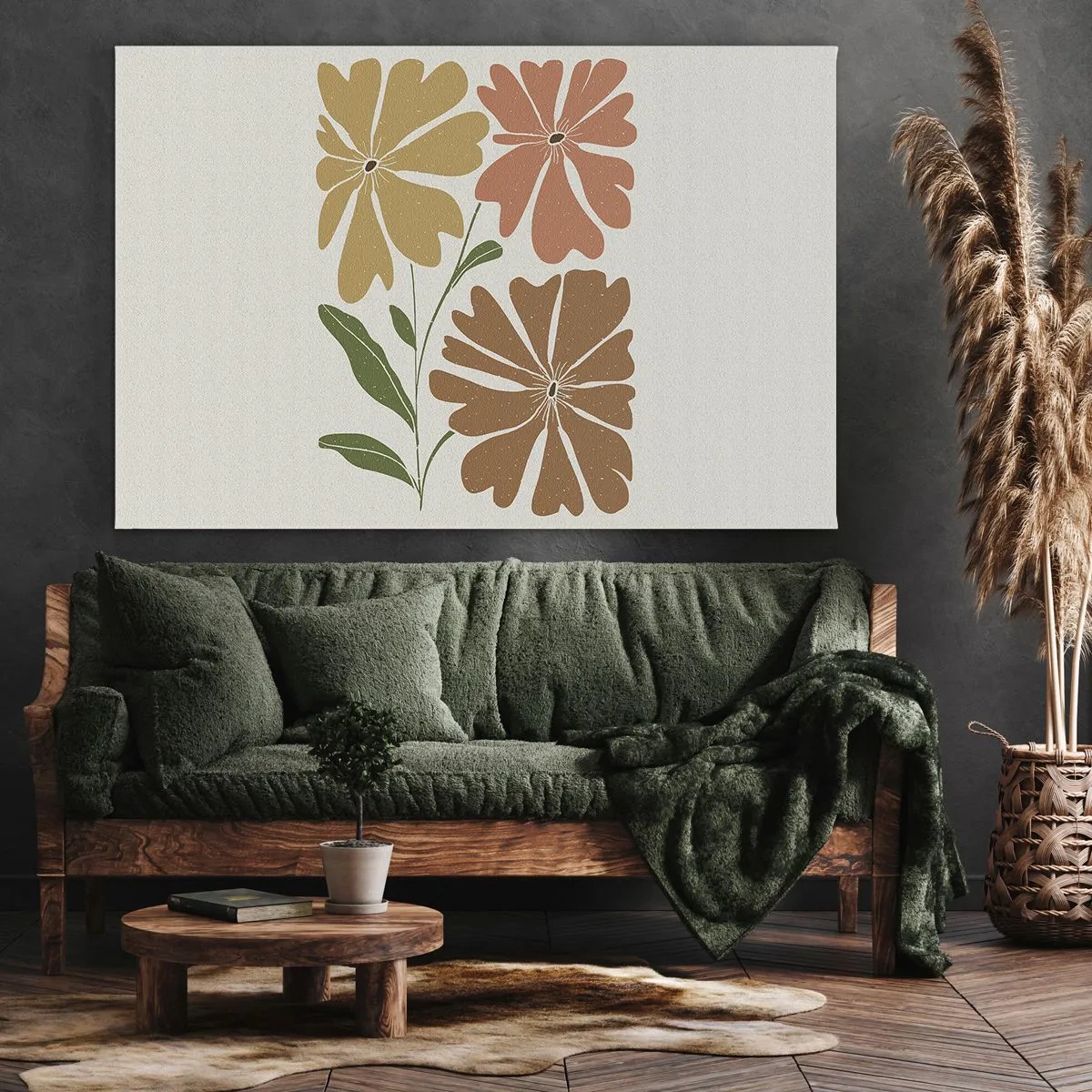 Tablou pe pânză Canvas - Trei flori în culori calde pe un fundal deschis - 70x50cm - Natură și geometrie - Decorațiune modernă pentru perete pentru living și dormitor ARTTOR