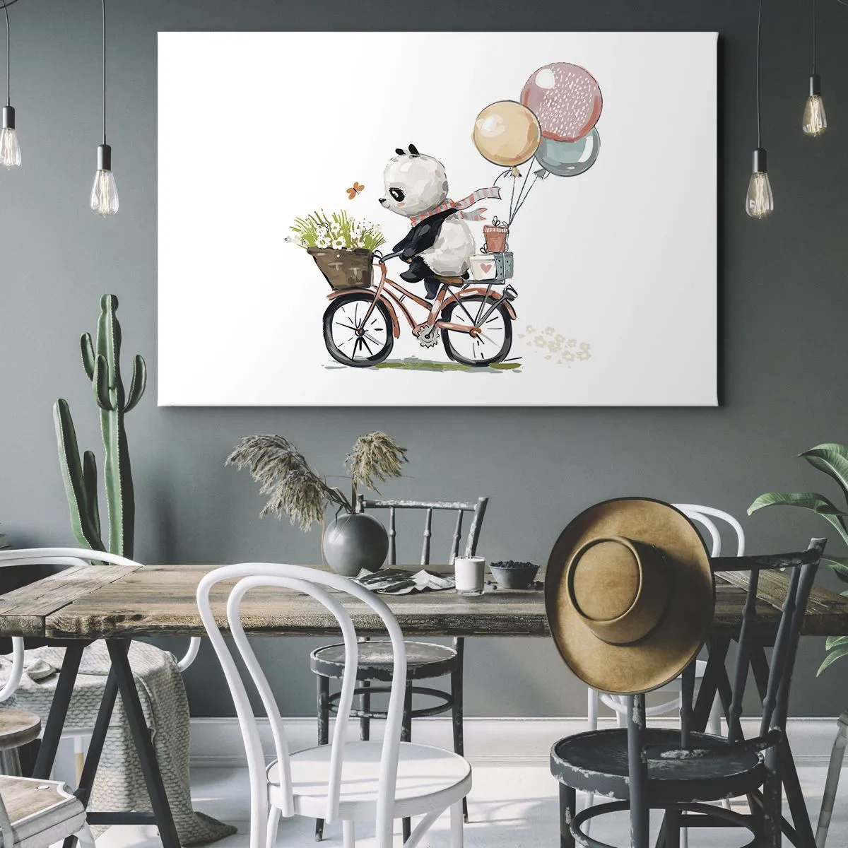 Tablou pe pânză Canvas - Panda pe o bicicletă cu baloane și flori - 70x50cm - O zi fericită - Decorațiune modernă pentru perete pentru living și dormitor ARTTOR