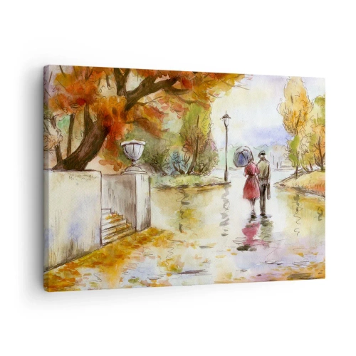 Tablou pe pânză Canvas - plimbare în parcul de toamnă cu o umbrelă - 70x50cm - Toamnă romantică în parc - Decorațiune modernă pentru perete pentru living și dormitor ARTTOR