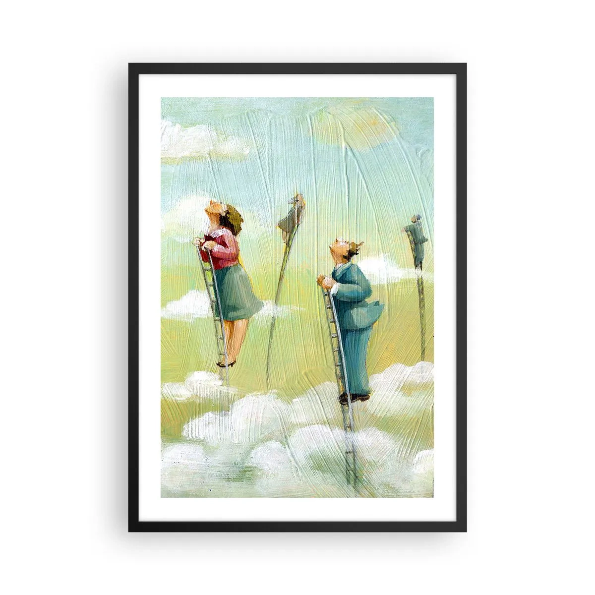Poster în ramă neagră - Personaje urcând scări în nori - 50x70cm - Urmează-ți visul - Decorațiune modernă pentru perete pentru living și dormitor ARTTOR