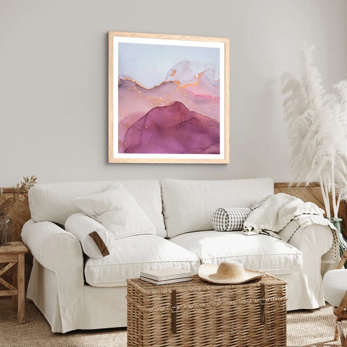 Poster în ramă de stejar deschis - Valuri de liliac și violet - 40x40 cm
