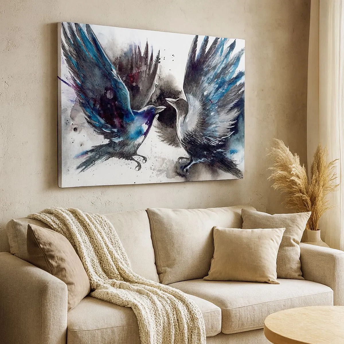 Tablou pe pânză Canvas - Corbi artistici într-o compoziție dinamică în acuarelă - 70x50cm - Bătălia corbilor - Decorațiune modernă pentru perete pentru living și dormitor ARTTOR