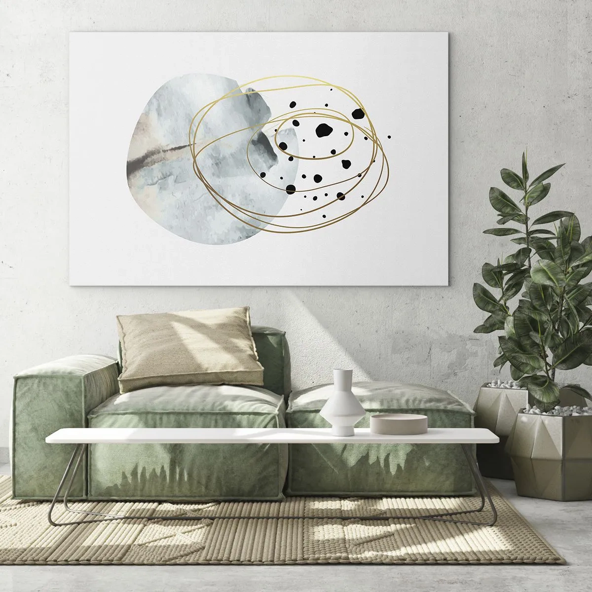 Tablou pe sticlă - Compoziție abstractă cu o pată albastră și linii aurii - 70x50cm - În îmbrățișarea spațiului - Decorațiune modernă pentru perete pentru living și dormitor ARTTOR